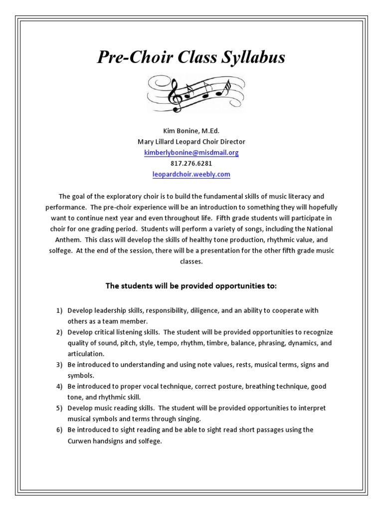 PreChoir Syllabus Mlis Final PDF Singing Homework