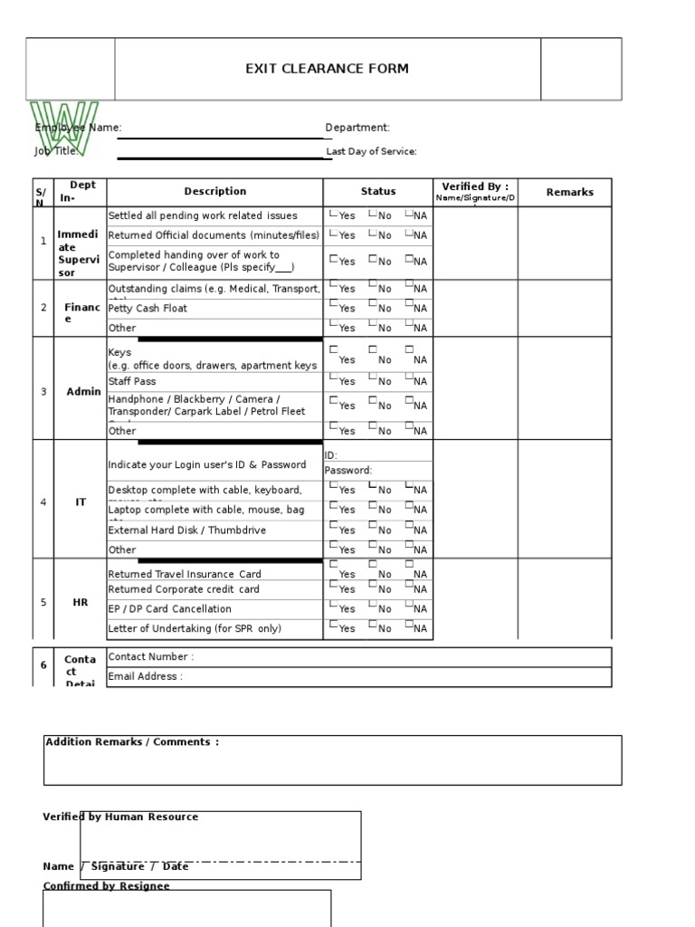 Exit Clearance Form Template | PDF