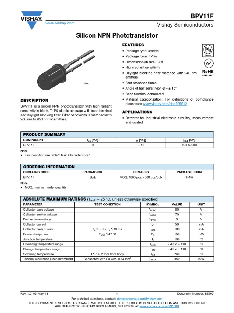 Silicon NPN Phototransistor PDF Bipolar Junction Transistor