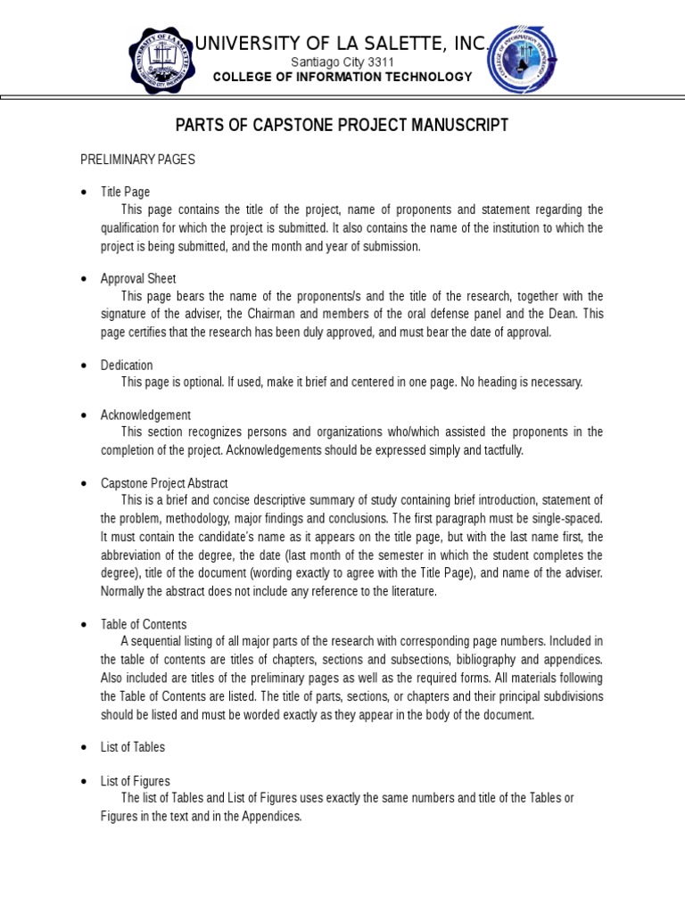 Parts Of Capstone Project Manuscript: University Of La Salette, Inc