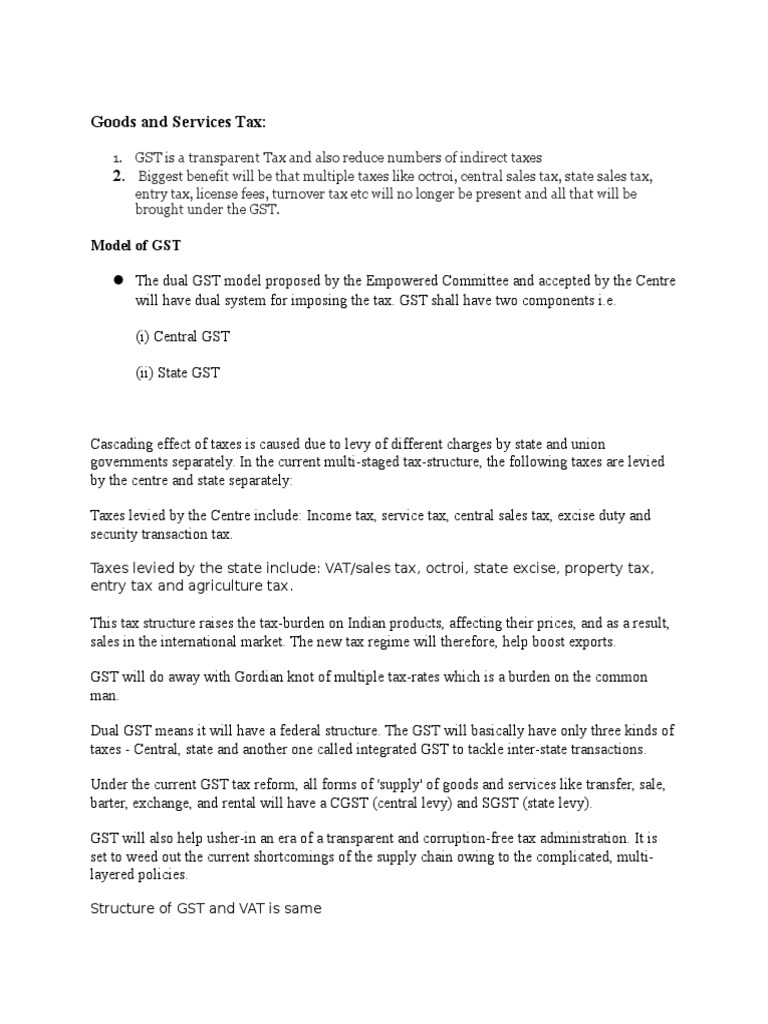 Goods and Services Tax: 2.: Model of GST | PDF | Finance & Money Management