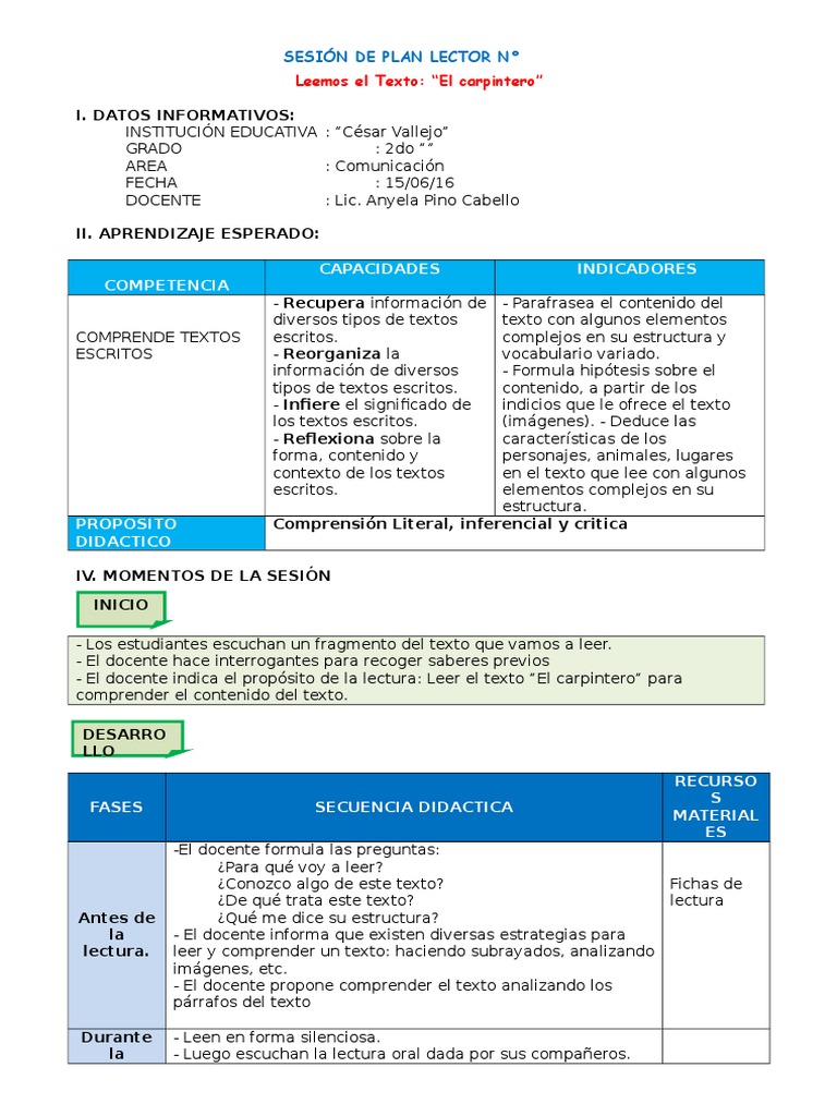 Sesión de Plan Lector para Segundo Grado | PDF | Lectura (proceso ...