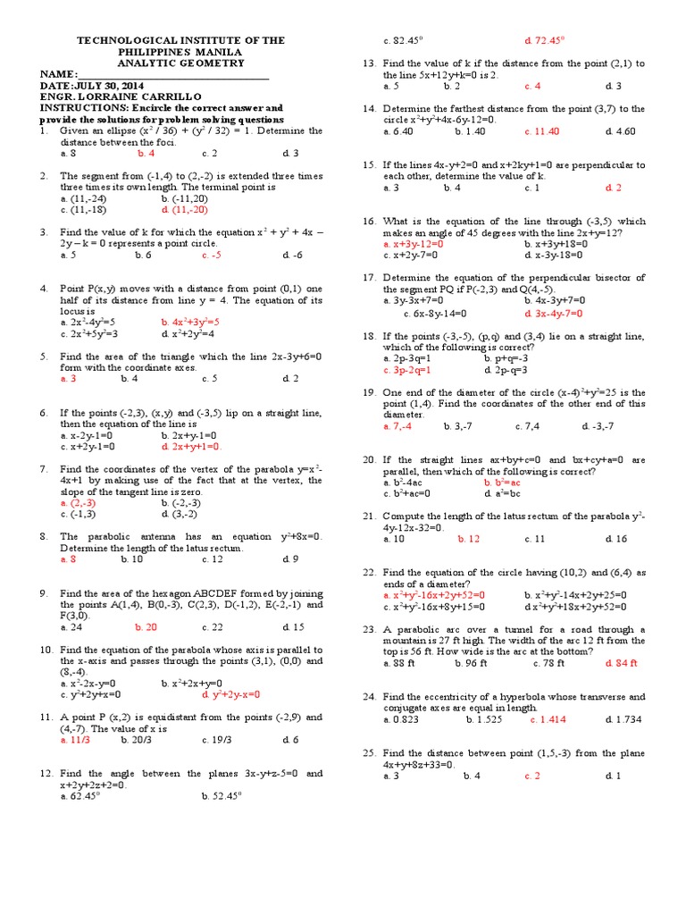 Analytic Geometry Practice Problems | PDF | Line (Geometry ...