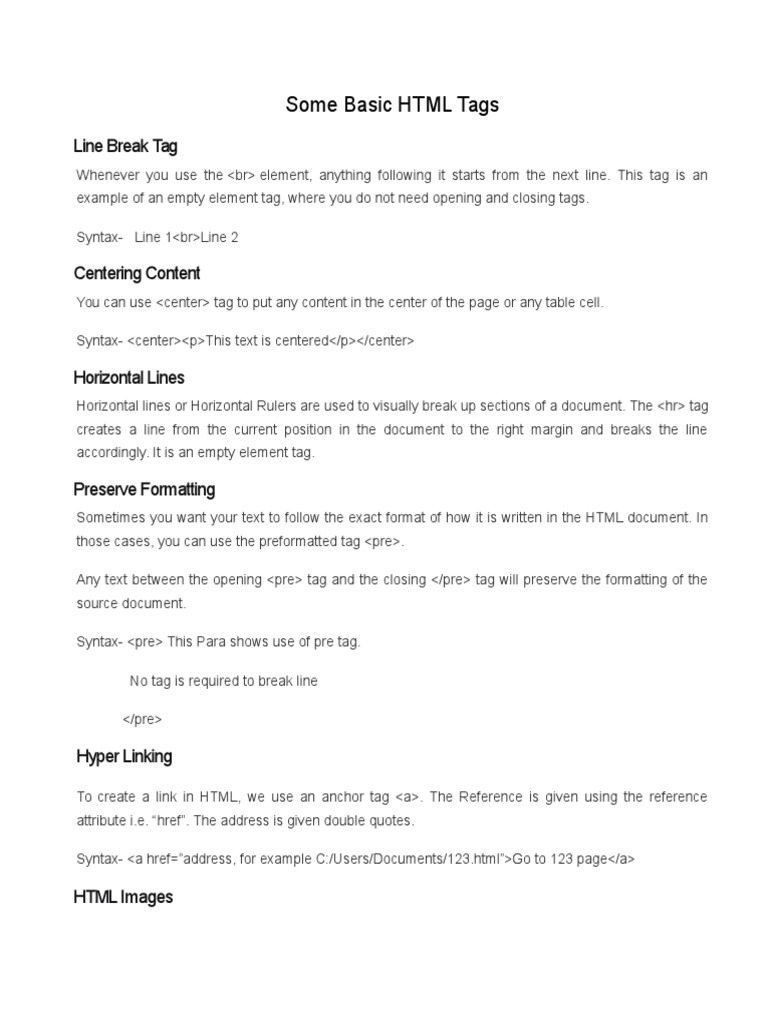 Some Basic HTML Tags: Line Break Tag | PDF | Html Element | Html