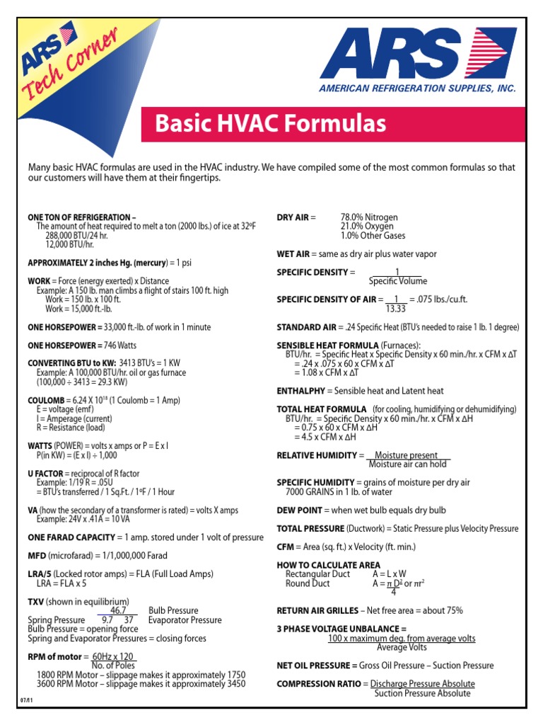 Essential HVAC Formulas Cheat Sheet | PDF | Combustion | Hvac