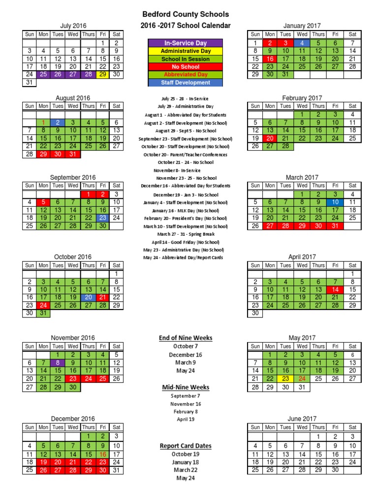 Bedford County Schools: 2016 - 2017 School Calendar | PDF
