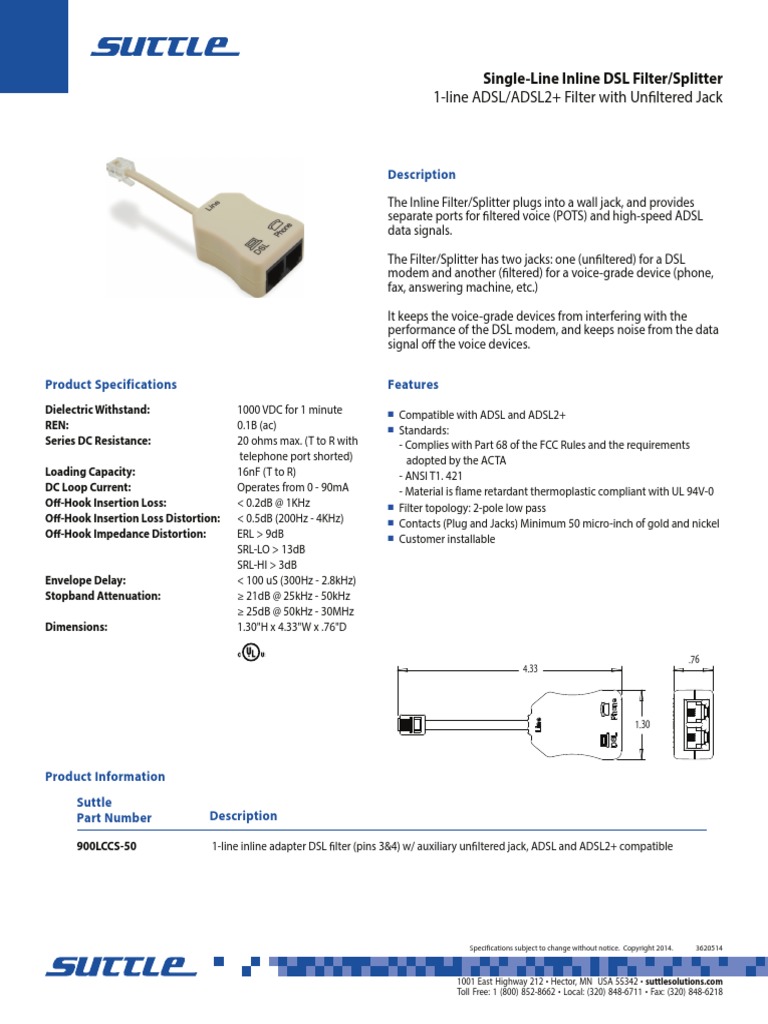 Inline DSL Filter/Splitter Specifications | PDF | Technology & Engineering