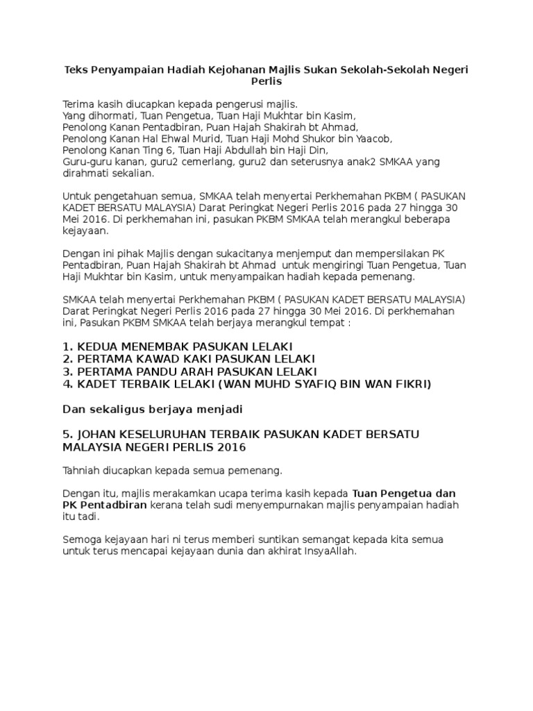 Teks Penyampaian Hadiah Pkbm 2016