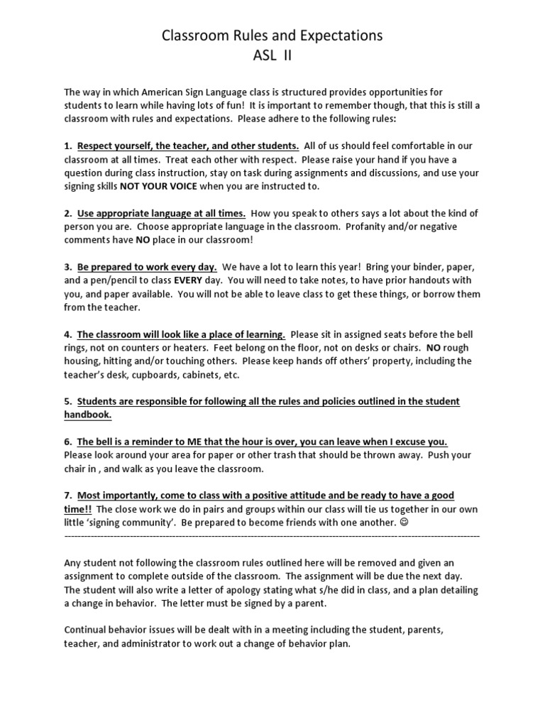 Classroom Rules and Expectations 2016aslii PDF Classroom Cognition