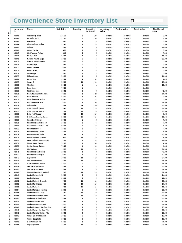 Convenience Store Inventory List Ecel PDF Cuisine Foods