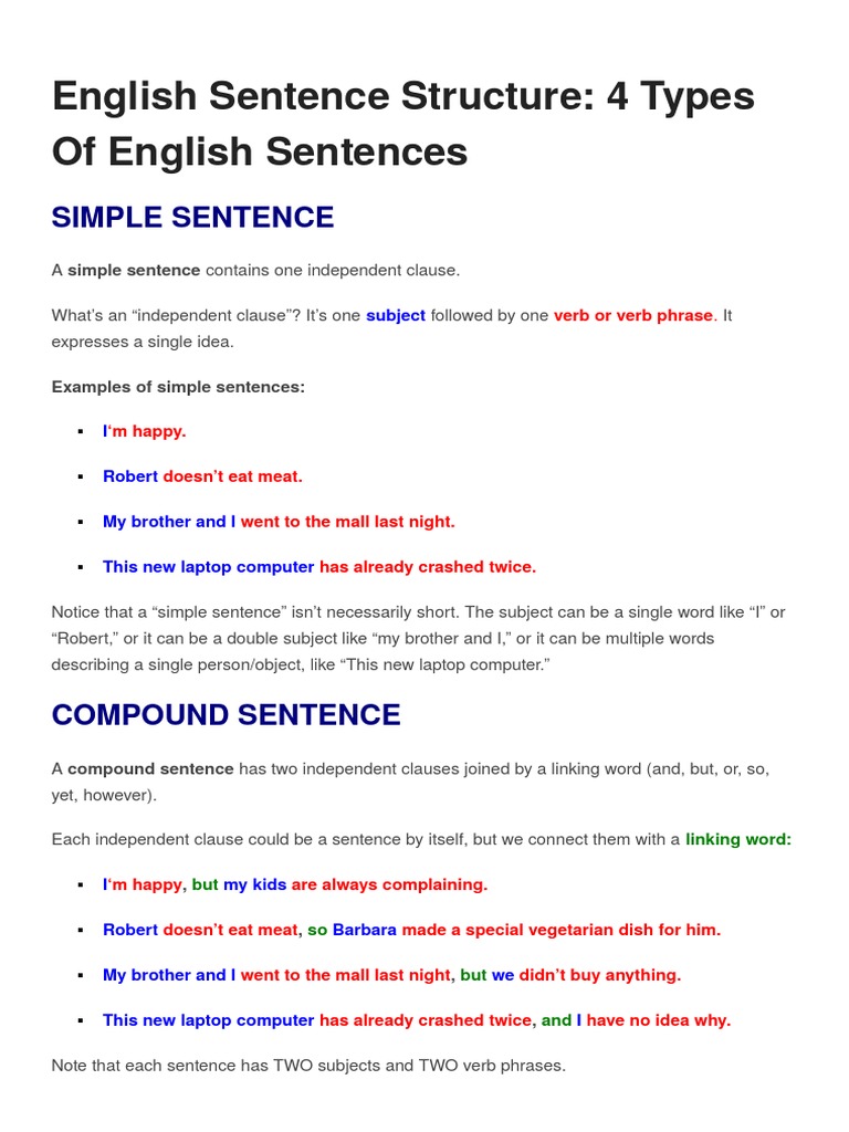 English Sentence Structure Sentence (Linguistics) Verb