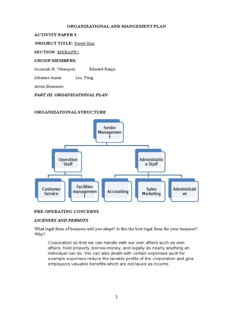 Organizational and Mangement Plan Activity Paper 3: Senior Managemen T ...
