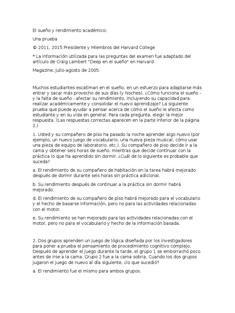 El Sueño y Rendimiento Académico Harvard | PDF | Dormir | Aprendizaje