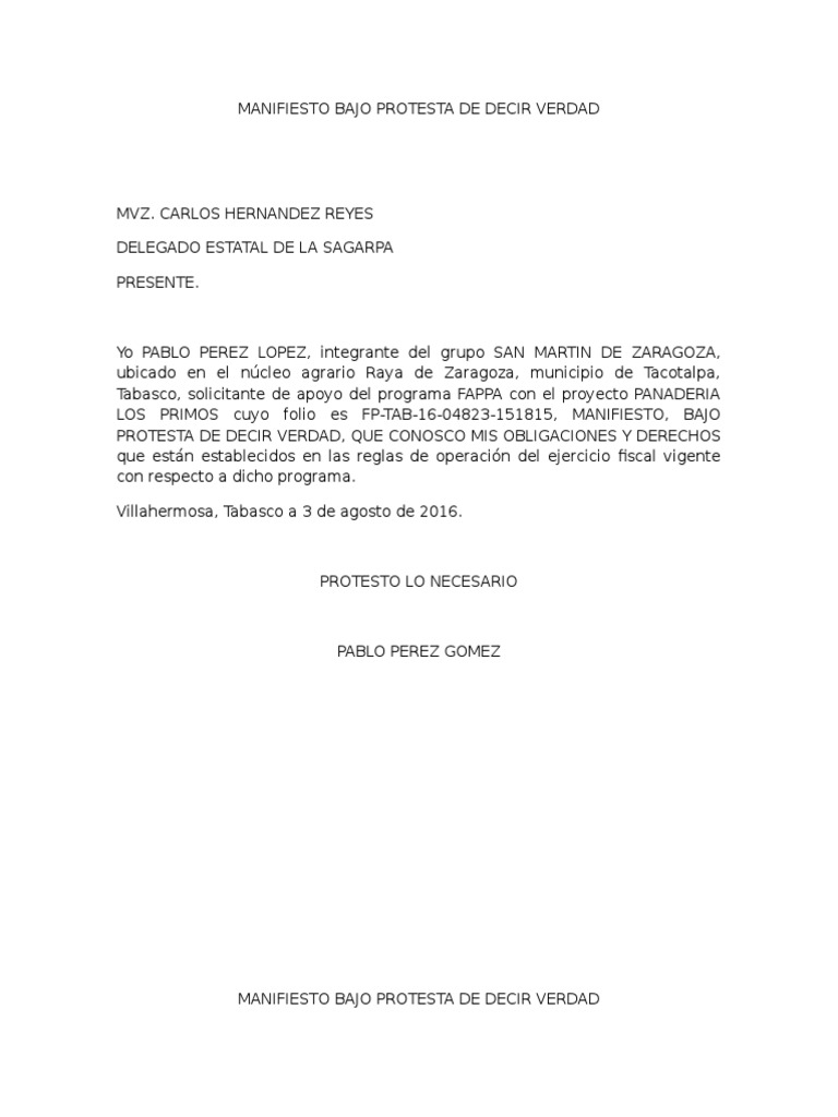 Manifiesto Bajo Protesta de Decir Verdad Derechos Gobierno Política
