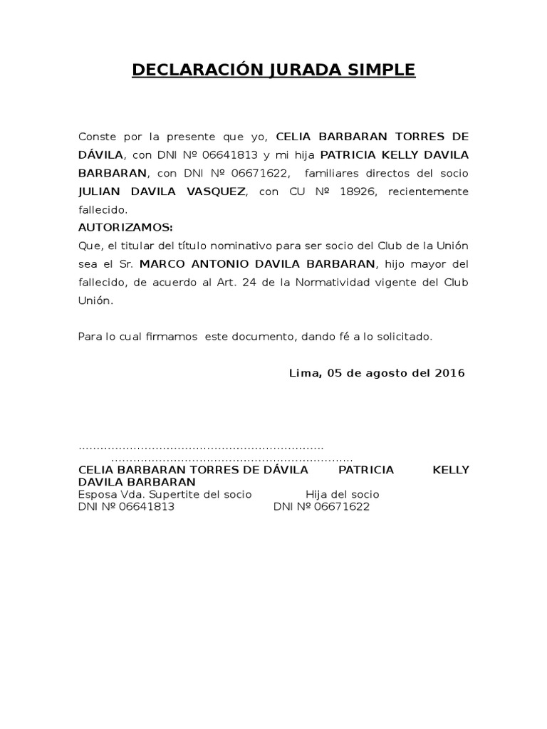Modelo de Declaración Jurada Simple | PDF | Política | Derecho