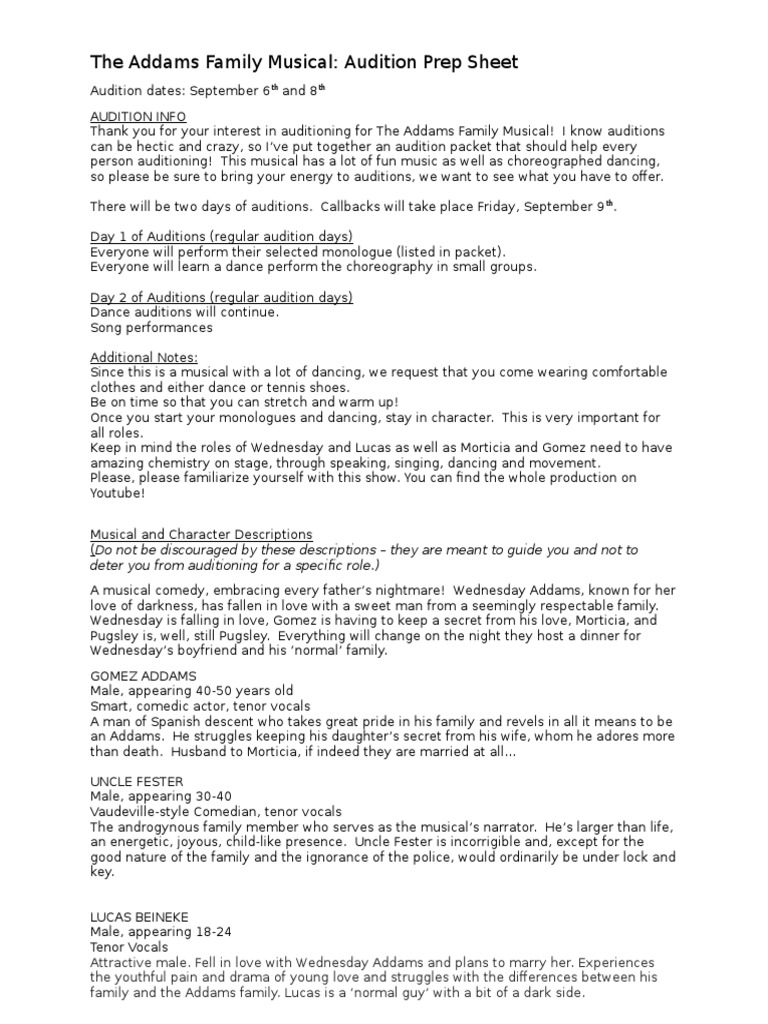 Addams Audition Prep | PDF | Audition | Performing Arts