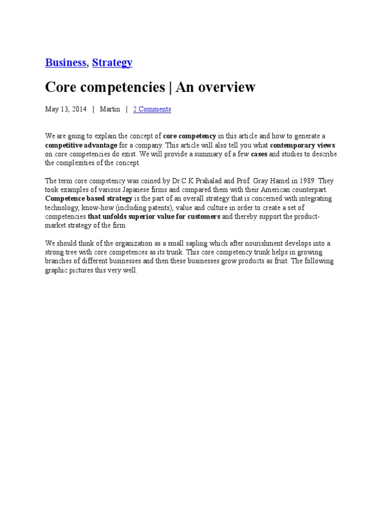 Business Strategy Core Competencies An Overview Pdf Competence