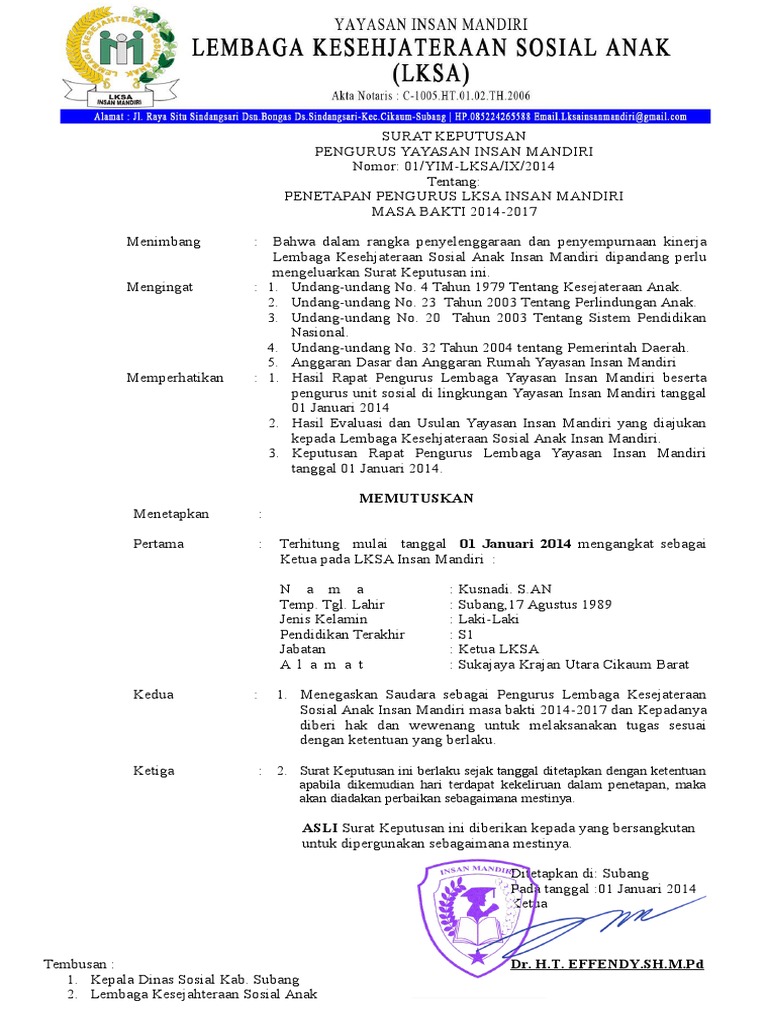 Contoh Sk Pengurus Lembaga Dunia Sosial