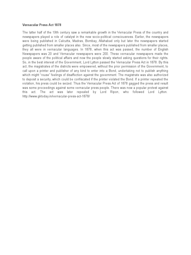 Vernacular Press Act 1878 October 18 PDF