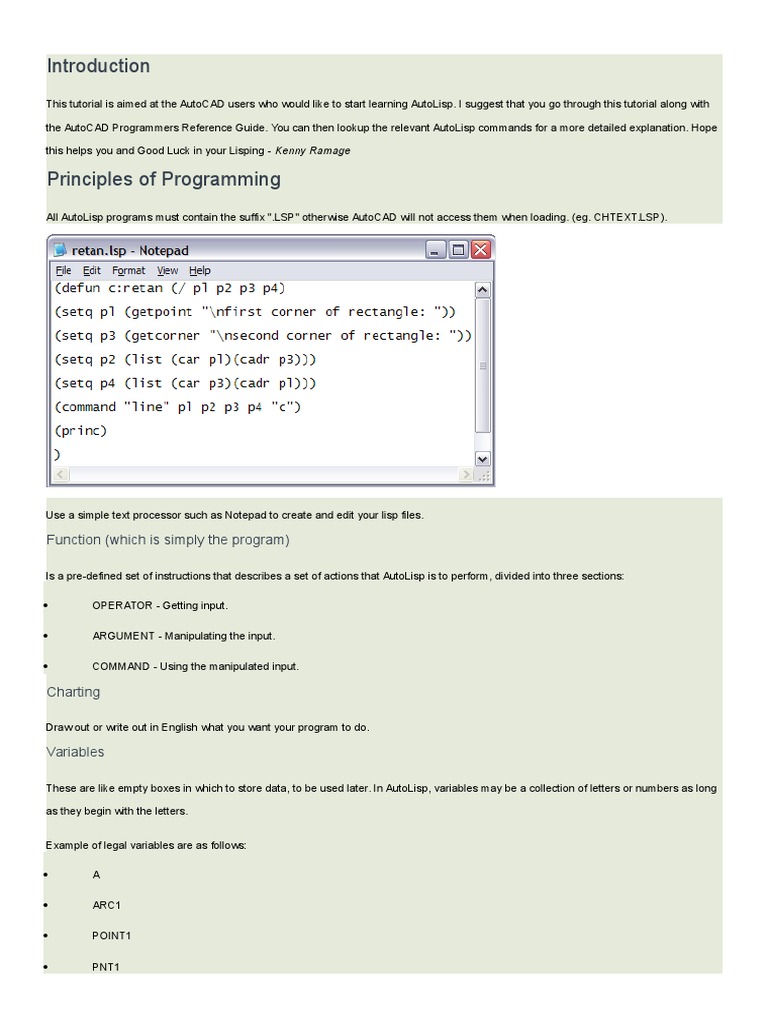 Auto LISP Programing Guide | PDF | Data Type | Bracket