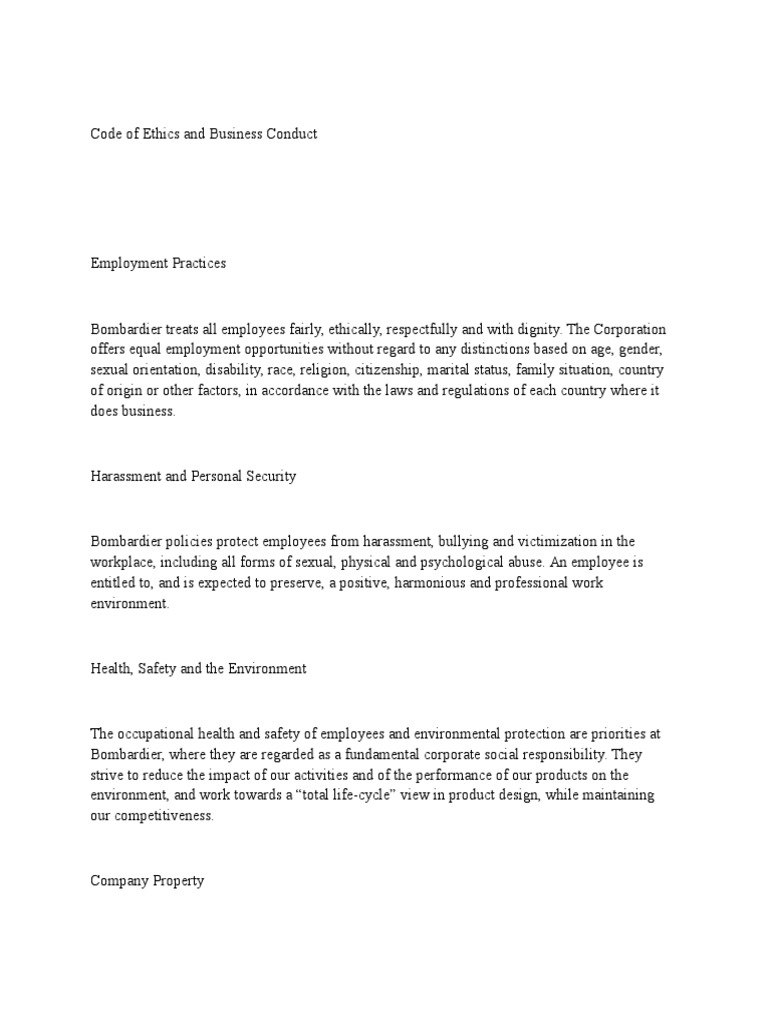 Bombardier's Code of Ethics and Business Conduct: Guiding Ethical and ...