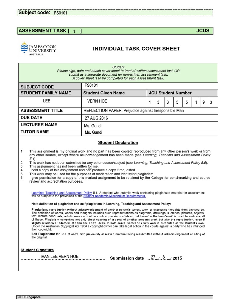 Assessment Cover Sheet - Individual 2015 PDF | PDF