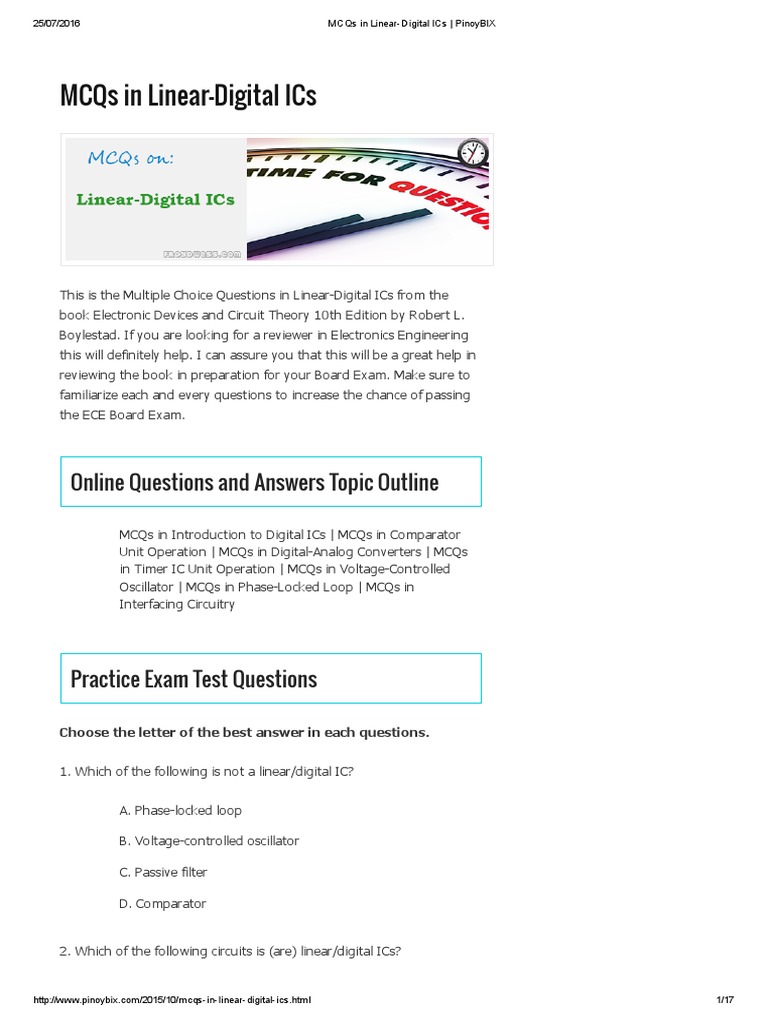 Mcqs in LinearDigital Ics Online Questions and Answers Topic Outline