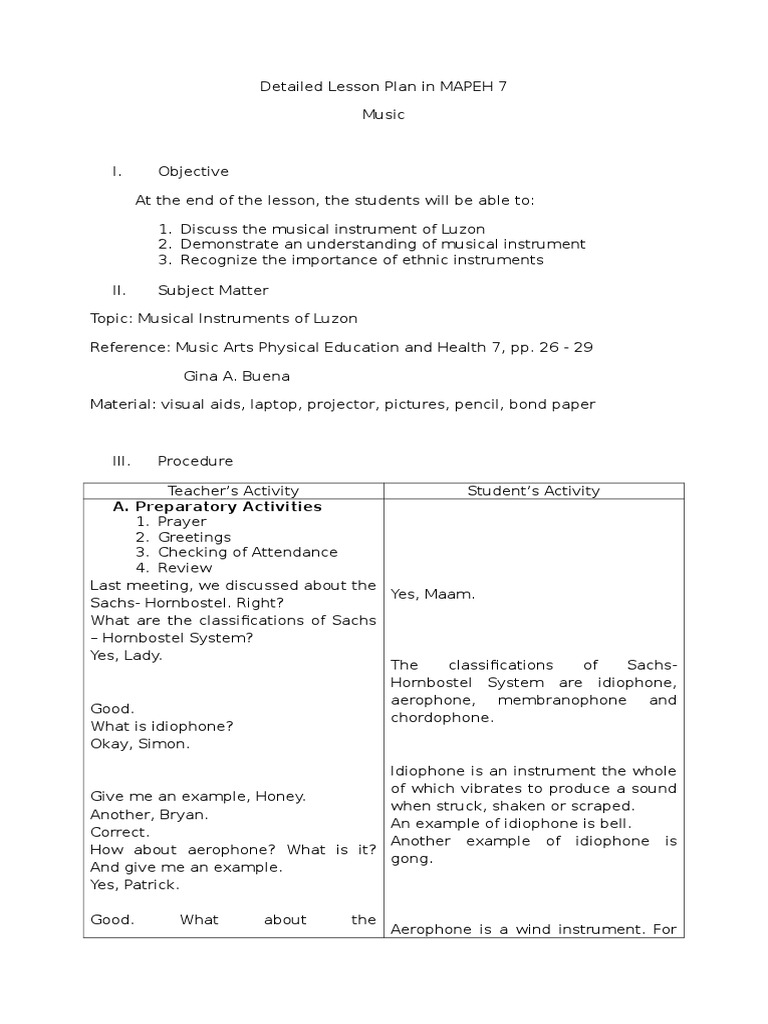 MAPEH 7 Detailed Lesson Plan: Music Instruments | PDF | Musical ...