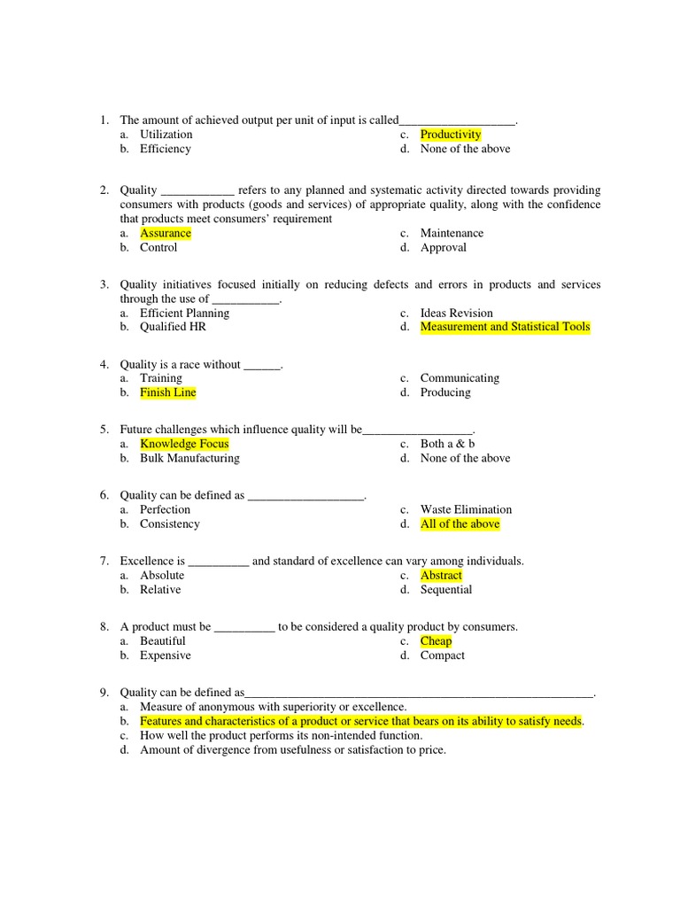 MCQs Compiled PDF Six Sigma Quality Assurance