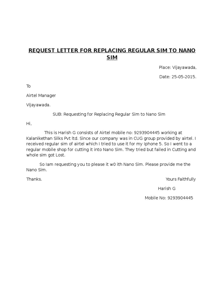 Request Letter for Replacing Regular Sim to Nano Sim