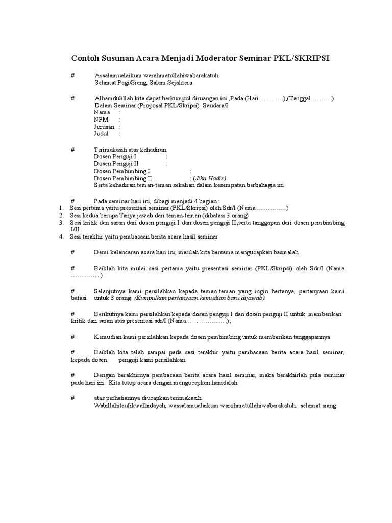 Contoh Susunan Acara Menjadi Moderator Seminar PKL