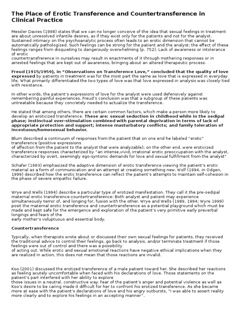 The Place Of Erotic Transference And Countertransference In Clinical Practice Pdf Psychoanalysis Behavioural Sciences