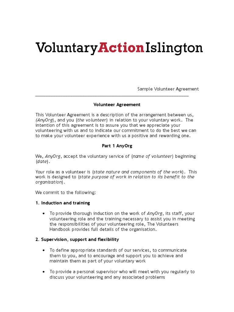 Sample Volunteer Agreement | PDF | Volunteering | Social Institutions