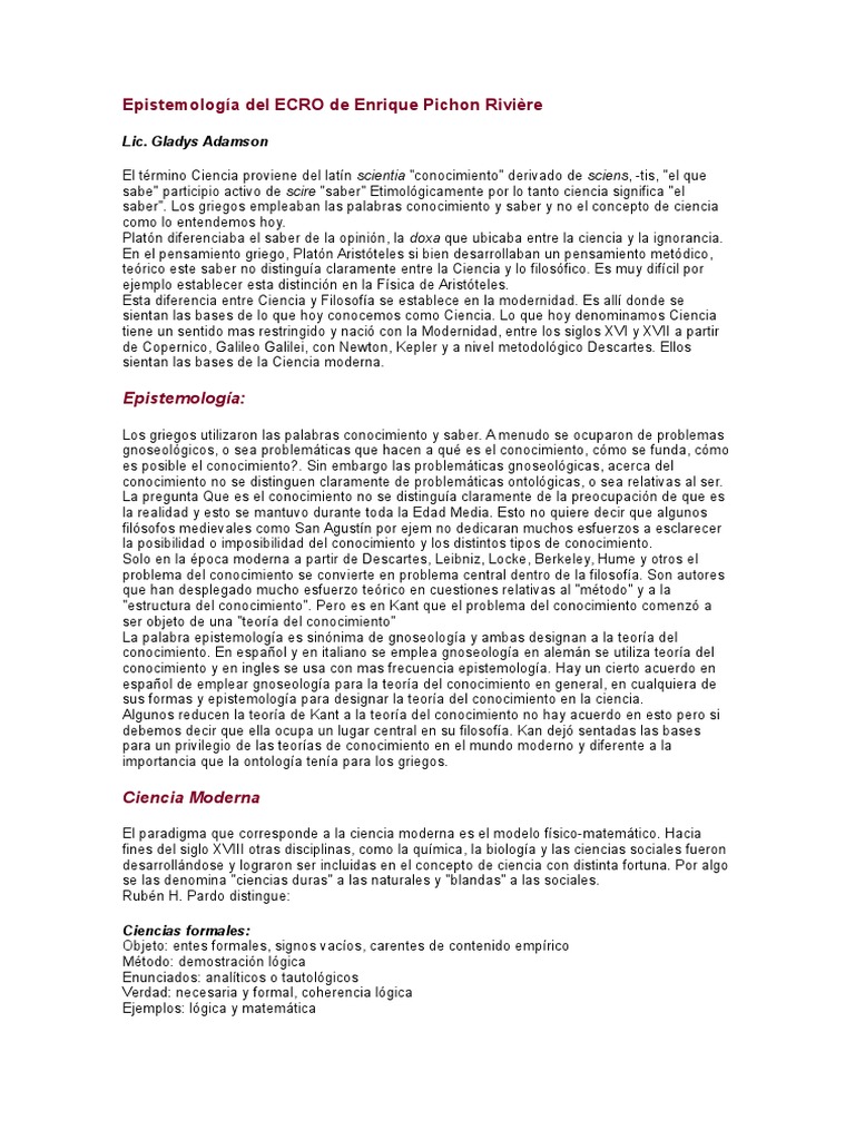 Epistemología Del ECRO de Enrique Pichon Rivière | PDF | Science ...
