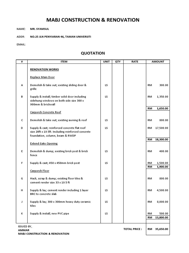 Renovation Quotation for Mr. Syamsul | PDF