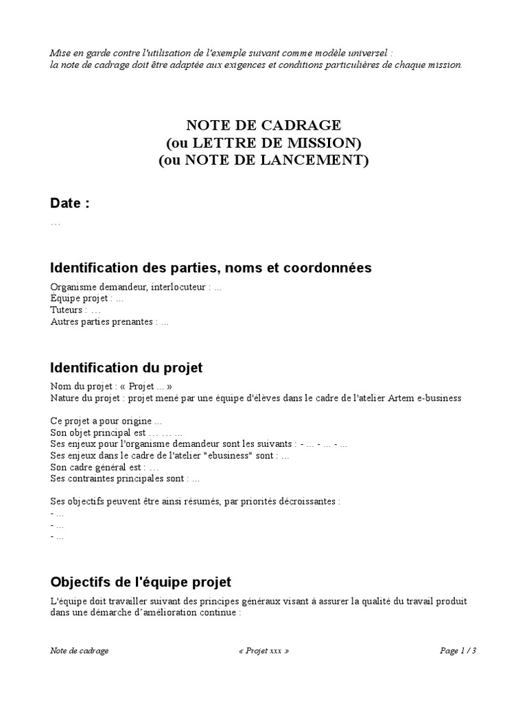 Exemple Note De Cadrage Gestion De Projet
