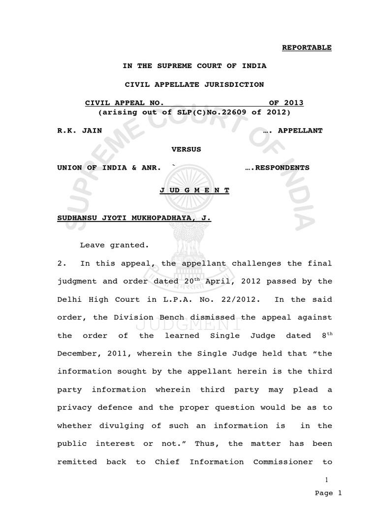 SC R. K. JAIN vs. Union of India & Anr Dated 16 Apr 2013 PDF PDF