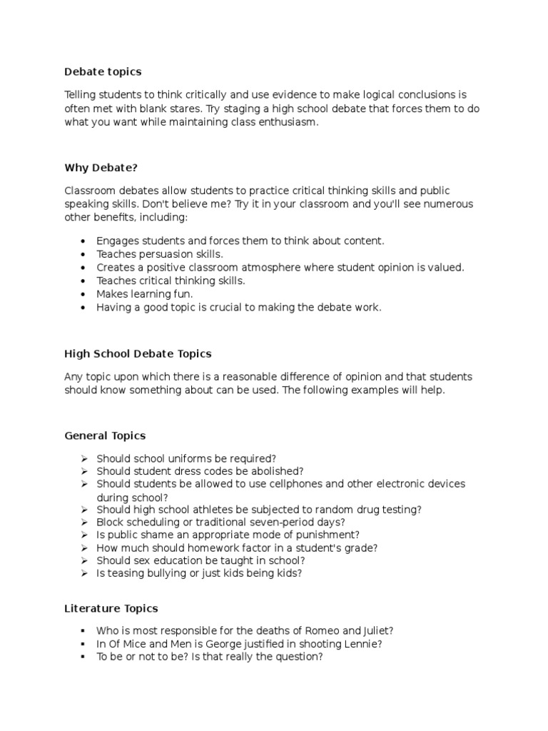 Debate Topics PDF Critical Thinking Argument
