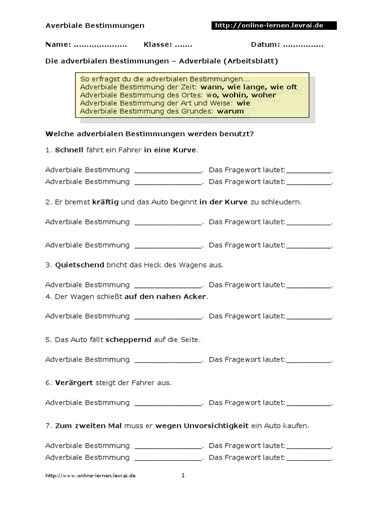 Adverbiale Bestimmungen Arbeitsblatt 06 PDF | PDF