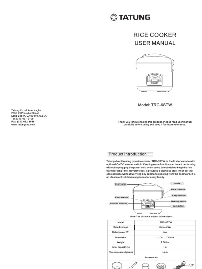Tatung TRC-6STW Rice Cooker Manual | PDF | Cookware And Bakeware ...