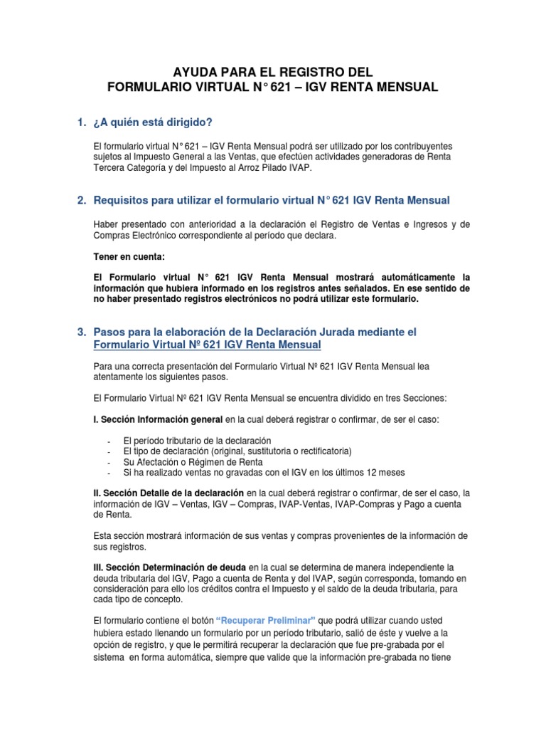 Guía para el Formulario Virtual 621 IGV | PDF | Impuestos | Impuesto ...