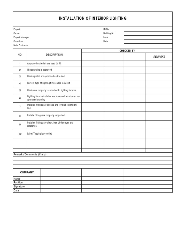 Interior Lighting Installation Checklist | PDF