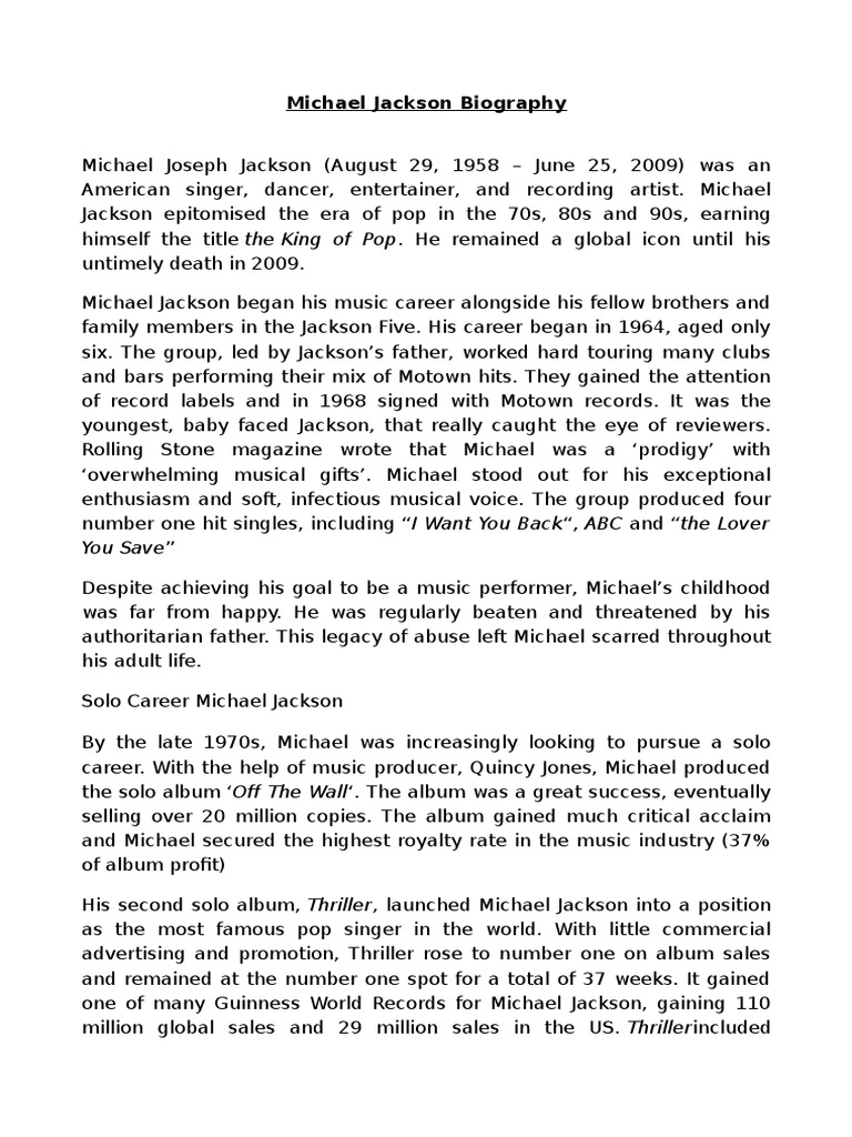 Michael Jackson Biography PDF Michael Jackson Entertainment (General)