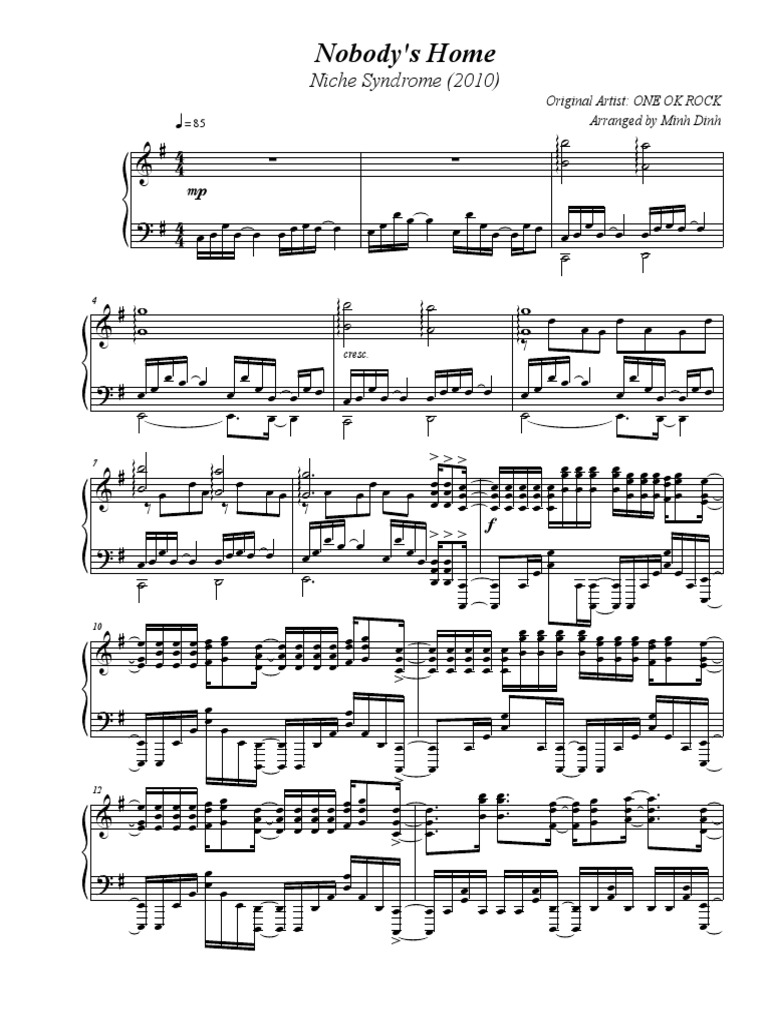 One Ok Rock Nobody S Home Piano Sheet Music