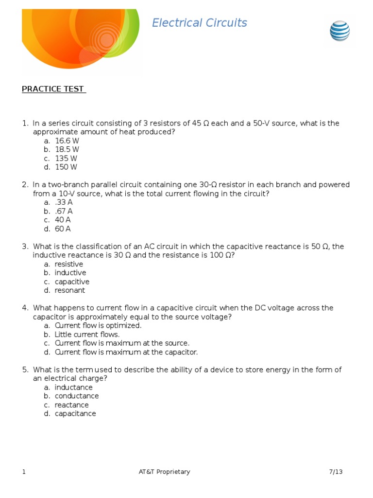 Electrical Circuits Practice Test PDF