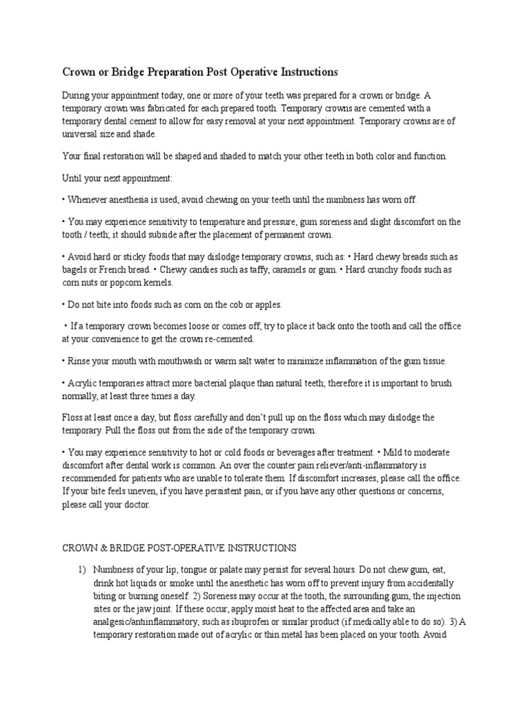 Crown or Bridge Preparation Post Operative Instructions.doc Human