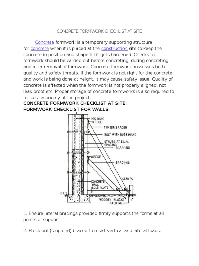 Concrete Formwork Inspection Checklist | PDF | Plywood | Concrete