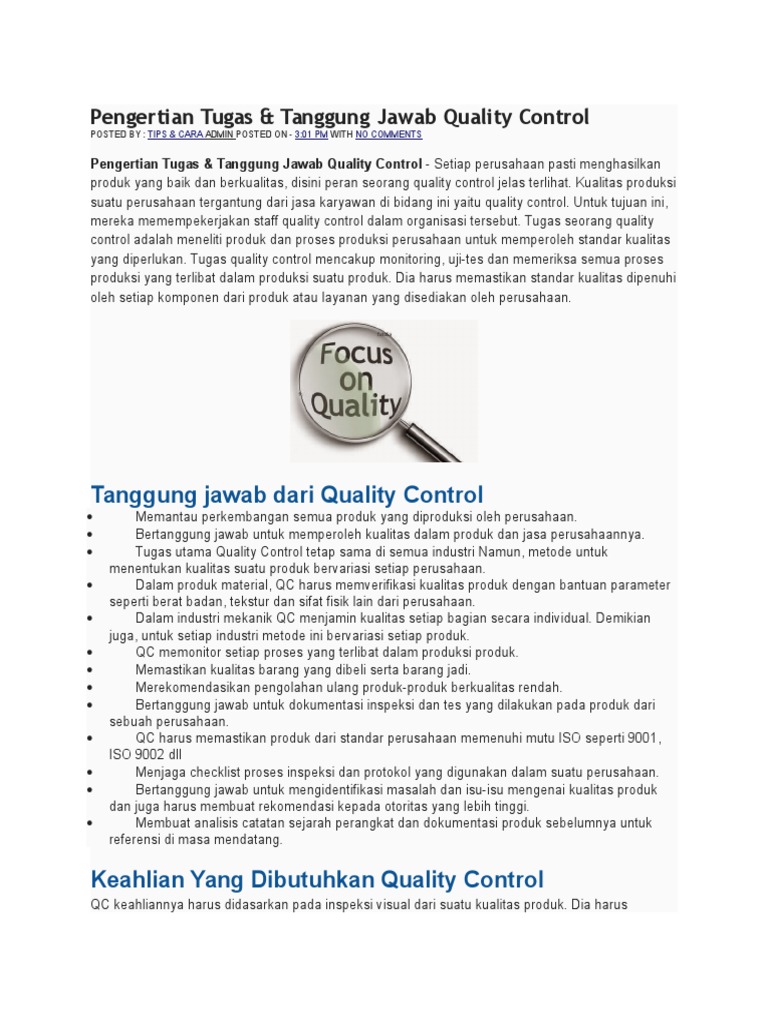 Pengertian Tugas Tanggung Jawab Quality Control Pdf Teknologi