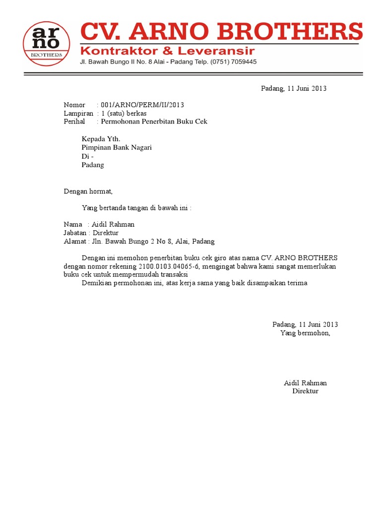 Contoh Surat Berhenti Cek Kepada Bank