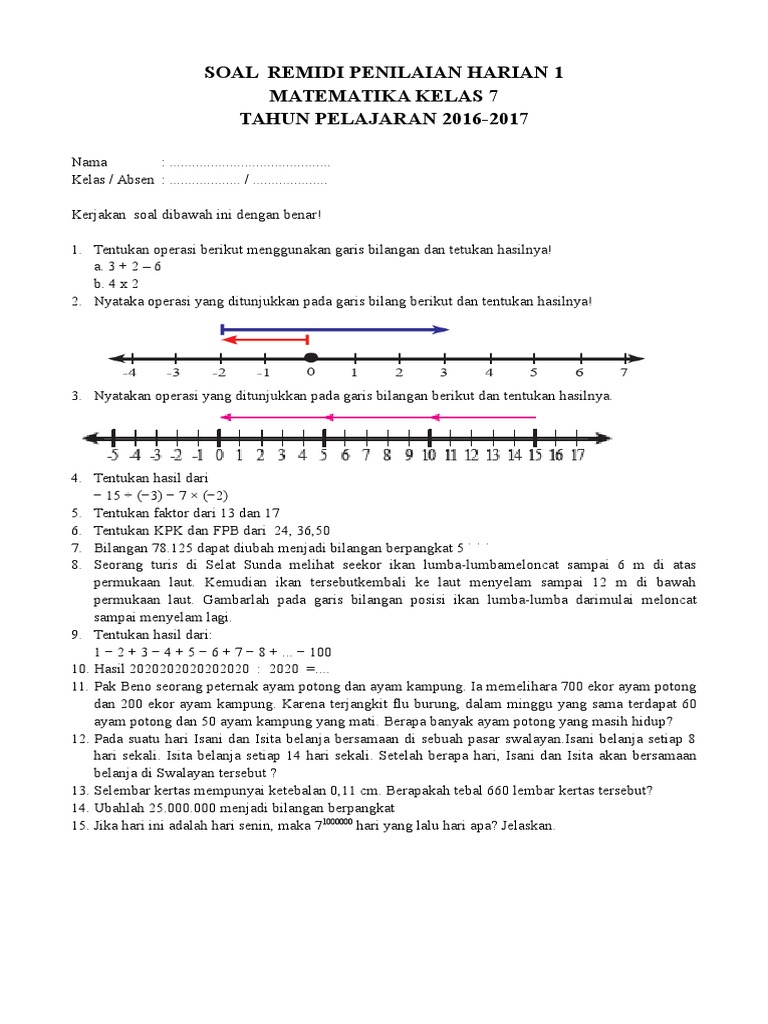 Soal Penilaian Harian 1 Matematika Kelas 7 Remidi